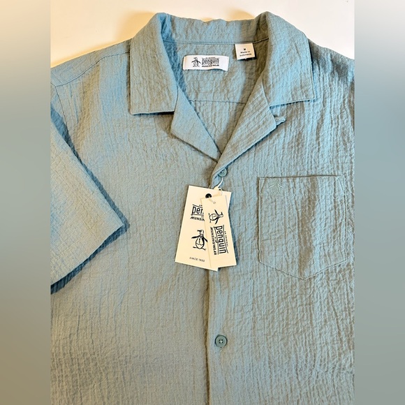 Original Penguin Cotton Gauze Short Sleeve Button Up Shirt Tourmaline Mens Sz M - Picture 1 of 5